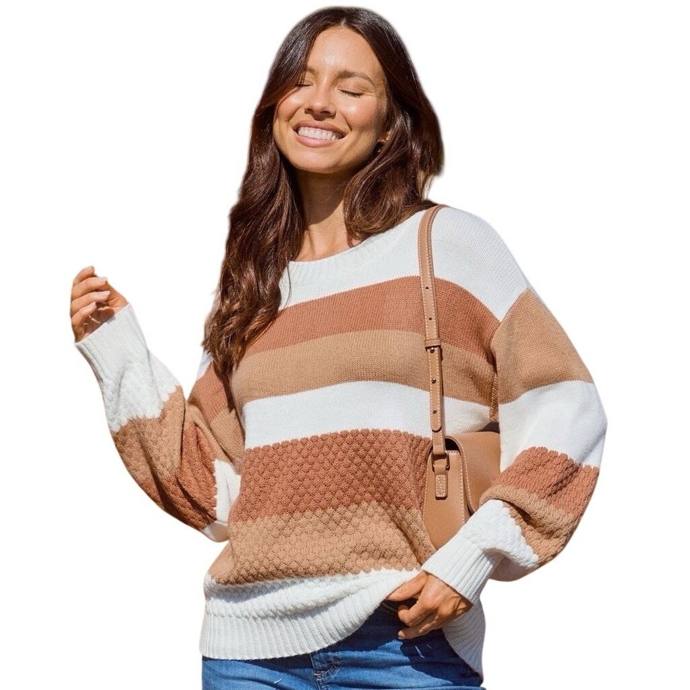 Women's Brown & White Stripe Round Neck Long Sleeve Sweater - Cupshe SZ Large